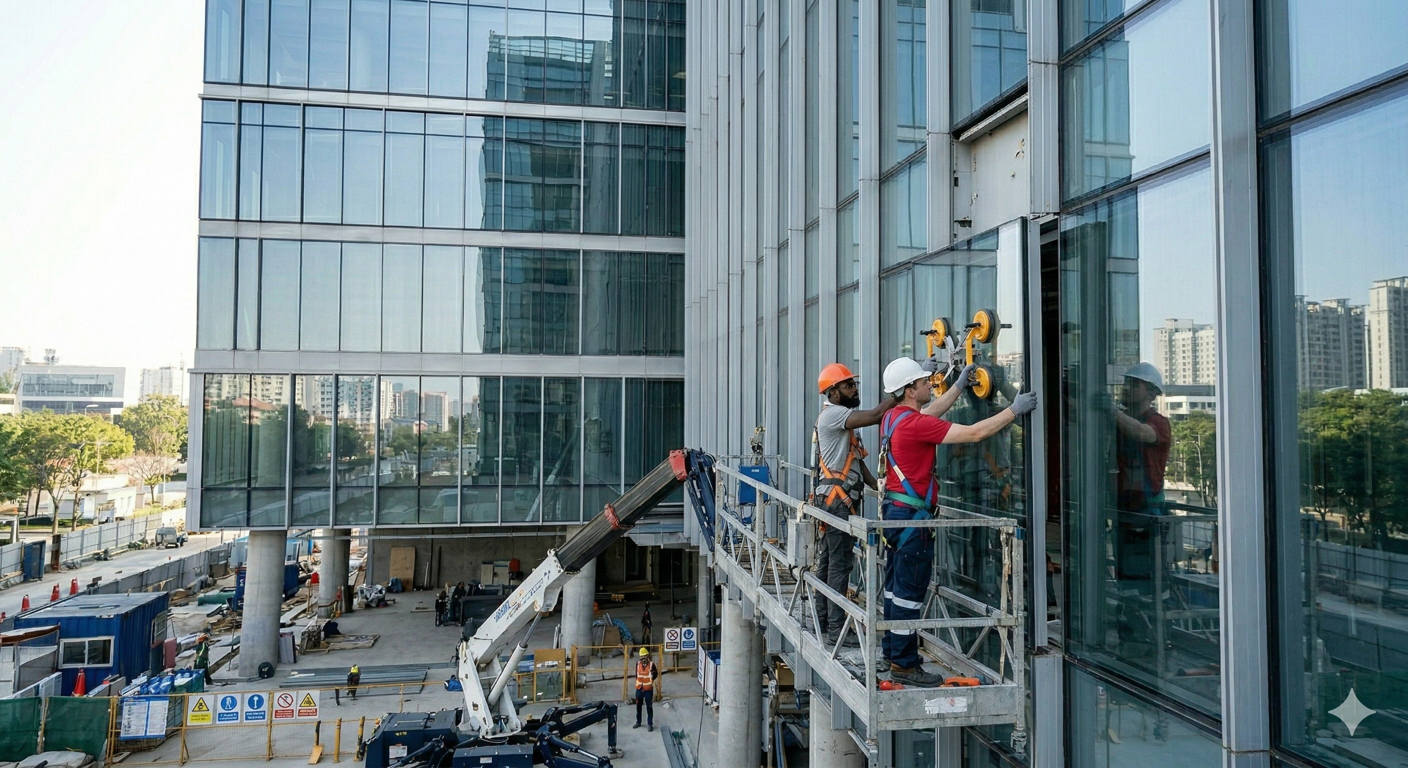 Edge Glass crew working on a commercial curtain wall glass system
